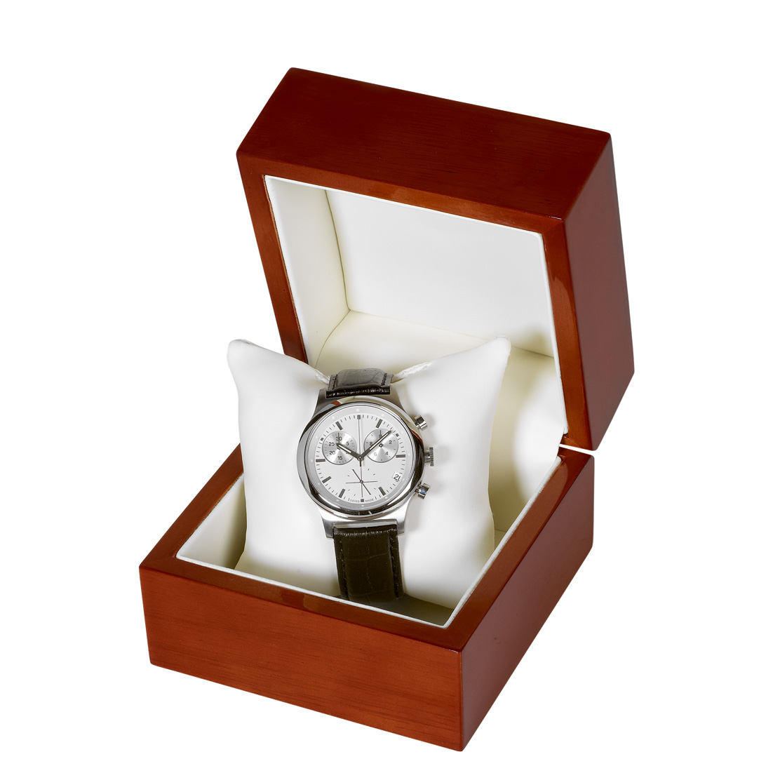Werbeuhr-Etui für Schweizer Uhren: lackiertes Holzetui